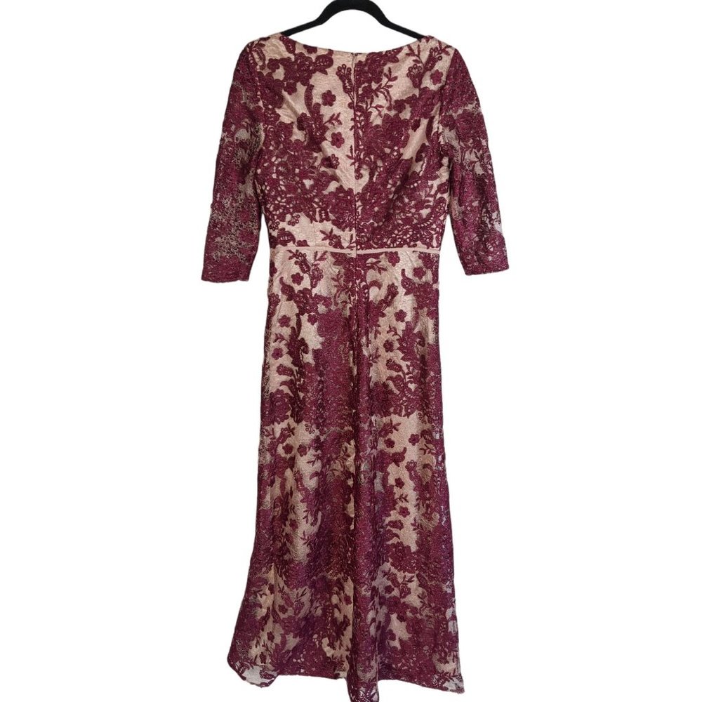 JS Collection Floral Embroidered Lace Gown 6 Wine Red/Rose - Picture 7 of 11